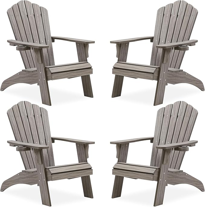 Psilvam Oversized Adirondack Chair, Fade-Resistant & Odor-Free Poly Lumber Fire Pit Chairs with Cup Holder, Weatherproof Lawn Chair, Easy 15 Min Install Patio Chair, 350 Lbs Support (4, Light Gray)