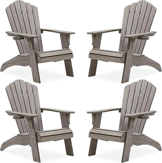 Psilvam Oversized Adirondack Chair, Fade-Resistant & Odor-Free Poly Lumber Fire Pit Chairs with Cup Holder, Weatherproof Lawn Chair, Easy 15 Min Install Patio Chair, 350 Lbs Support (4, Light Gray)