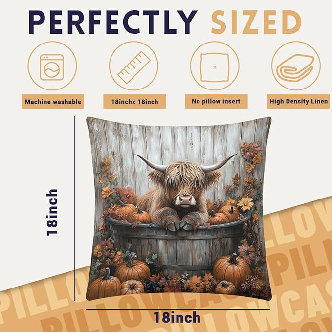 Highland Cow Pillow Covers 18x18 inch Set of 4, Rustic Pumpkin Autumn Farmhouse Throw Pillow Covers Farmhouse Cushion Case Decor for Sofa Couch
