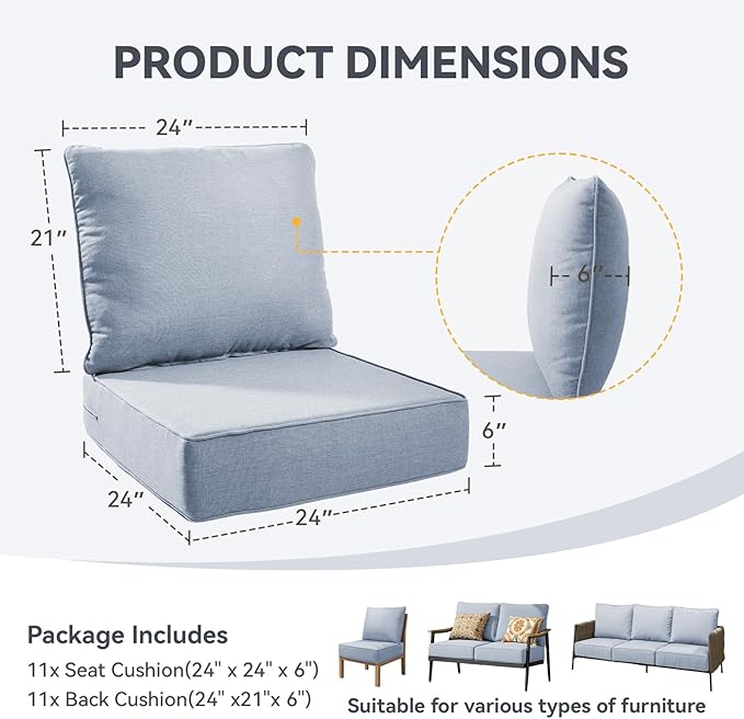 Outdoor Cushion Set for Furniture Patio Furniture, UV Resistant, Water Resistant - 6 Inch Thick Foam Garden Cushions– 24x24 Inch Patio Seat Covers for Chair/Sofa/Couch | Baby Blue | 11-Pack |