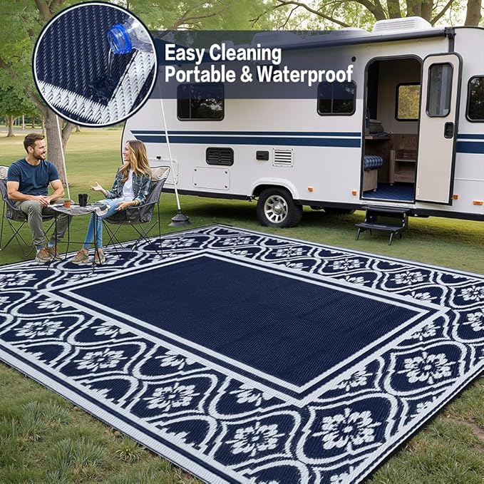 HUGEAR Outdoor Rug 8x10 Patio Camping Carpet Waterproof Mat Blue Outside Plastic Area Rug Reversible Rugs for RV Deck Entryance Porch Picnic Balcony Beach(8x10ft Navy Blue&White)