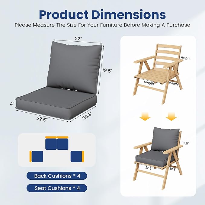 UDPATIO Outdoor Cushions for Patio Furniture, 4'' Replacement Cushions for Outdoor Sofa Bench, Water-Resistant Sectional Cushions, Grey