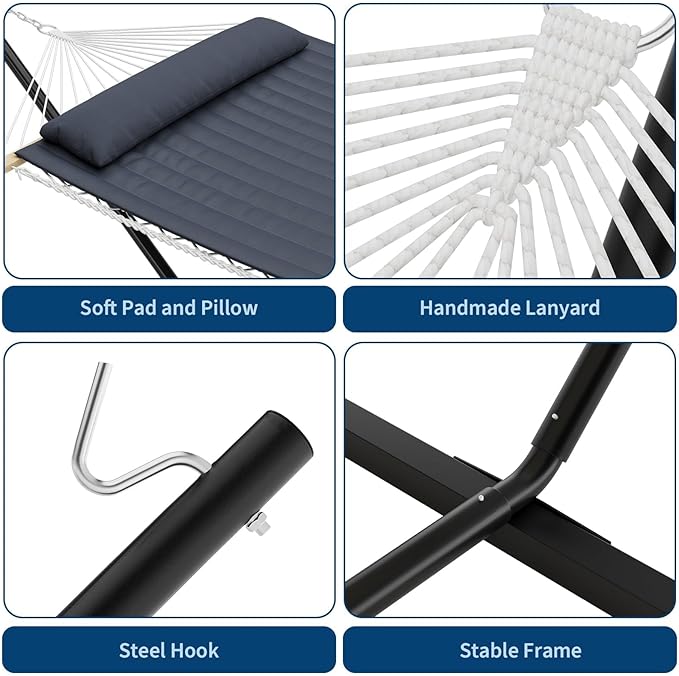 Double Hammock with Stand, 2 Person Portable Foldable Outdoor Hammock with Pad & Pillow, 450lb Capacity Heavy-Duty Hammock for Garden, Patio, Backyard, Dark Gray