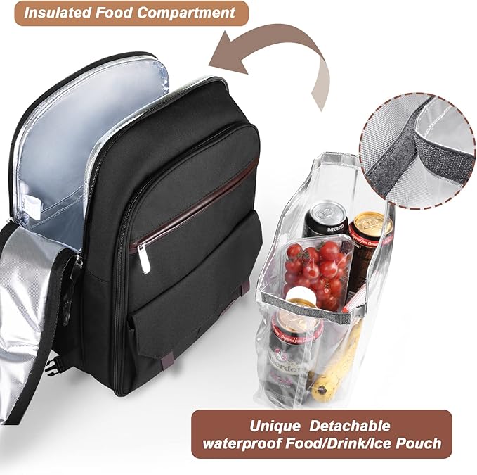 Sunflora Insulated Picnic Backpack for 2 Person Bag with Cooler Compartment, Wine Pouch, Blanket and Stainless Steel Cutlery Set for Couple, Lovers and Friends (Black)
