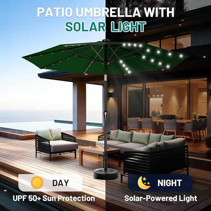 AreShark 9FT Patio Umbrella with Solar Lights, 32 LED Lighted Pool Umbrella w/Tilt and Crank, Outdoor Market Solar Umbrellas for Garden, Deck, Backyard, Pool and Beach, Dark Green