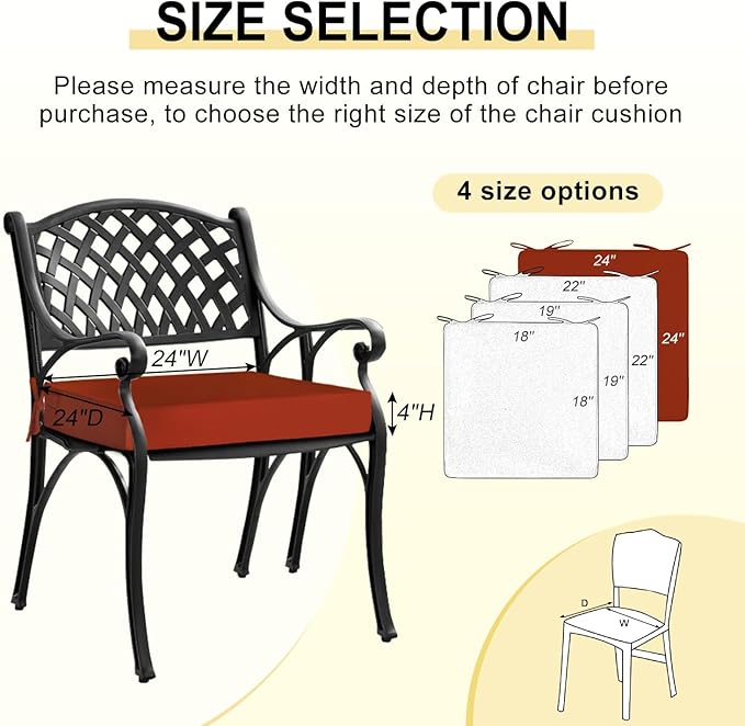 downluxe Waterproof Outdoor Chair Cushions for Patio Furniture, 24" x 24" x 4" Patio Chair Cushion with Adjustable Ties & Portable Handle, Square Outdoor Cushion with Removable Cover, Orange, 2 Pack