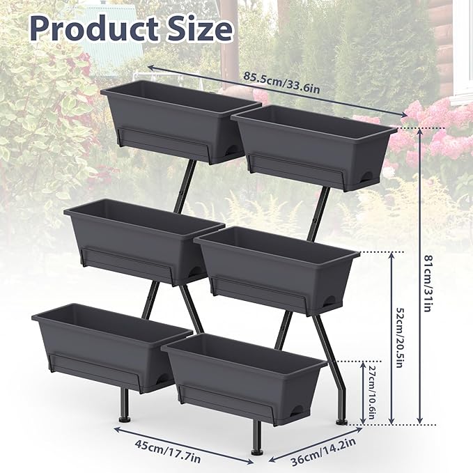 Sunexinlo 3-Tier Vertical Garden Planter with 6 Boxes, 31" Tall Raised Garden Bed with Adjustable Feet for Herbs, Flowers, Vegetables, Ideal for Indoor, Outdoor, Patio, Balcony, Deck Use, Gray