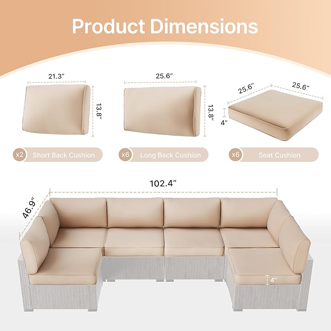 SUNCOZE 14-Piece Outdoor Cushions for Patio Furniture, 25.6"x25.6" Couch Cushion Replacement Designed for 6-Seat Sectional Sofa Sets, Anti-Slip Patio Cushions for Garden, Backyard, Porch (Khaki)