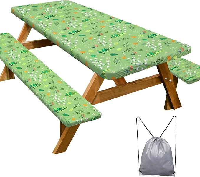 Picnic Table Cover with Bench Covers Camping Essentials Waterproof Windproof Camping Tablecloth with Drawstring Bag, Fitted Rectangle Tables and Seats, 72in, Grass Green