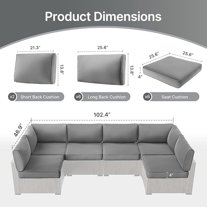 SUNCOZE 14-Piece Outdoor Cushions for Patio Furniture, 25.6"x25.6" Couch Cushion Replacement Designed for 6-Seat Sectional Sofa Sets, Anti-Slip Patio Cushions for Garden, Backyard, Porch (Grey)