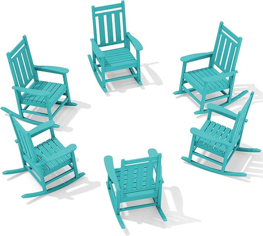 KINGYES Outdoor Rocking Chair Set of 6, All-Weather Patio Rocking Chairs for Porch, HDPE Rocking Outdoor Chairs with High Back for Adult, Heavy Duty Outdoor Patio Rockers for Garden, Lawn, Aruba