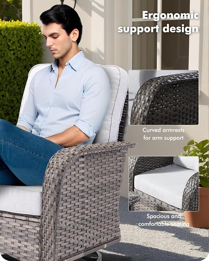3-Piece Swivel Rocking Rattan Chair Outdoor, Patio Bistro Furniture Conversation Set, Wicker Chair with Coffee Table Grey