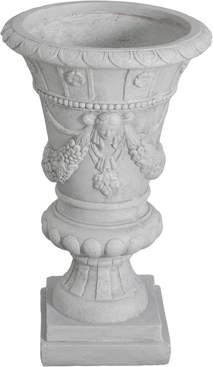 Christopher Knight Home Jorine Light Concrete Planter, Patio Planter, Mid-Centry Gadern Urn, Large Garden Pot, Floral Statue Design, Flower Urn with Drainage Hole for Backyard Home, Light Gray