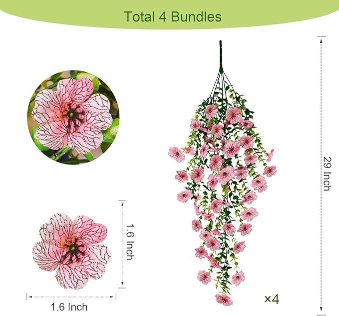 4 Pcs Fake Outdoor Artificial Flowers For Outdoors Uv Resistant, Plastic Flowers For Outdoors, Fake Hanging Plants Faux Flowers For Outdoor Planters, Silk Spring Flowers For Outside Porch（Pink）