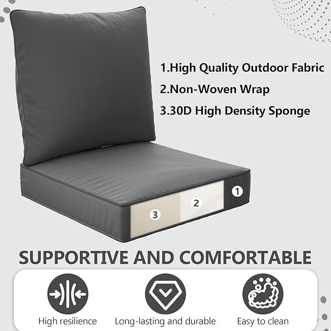 24" x 24" x 6" Outdoor Deep Seat Cushions Set - 2 Set Waterproof & Fade Resistant Patio Furniture Replacement Cushions, Non-Slip Outdoor Cushions Fit Loveseats, Couches, Chairs, and Sofas.