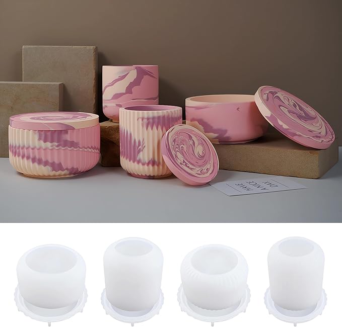 4pcs Cup Shape Candle Jar Silicone Mold with Lid, Handmade Storage Bowl Resin Mould, Flower Pot Vase Concrete, DIY Plaster Cast Cement Rings Jewelry Storage Box Mold