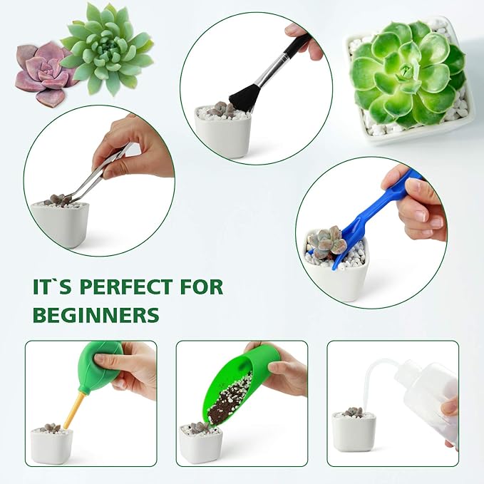 G GOOD GAIN Garden Succulent Kit with Organizer Bag, 15 Pieces Succulent Tools, Indoor Mini Hand Gardening Tools Set with Carrier for Bonsai Planter Miniature Fairy Planting Care(Honeysuckle)