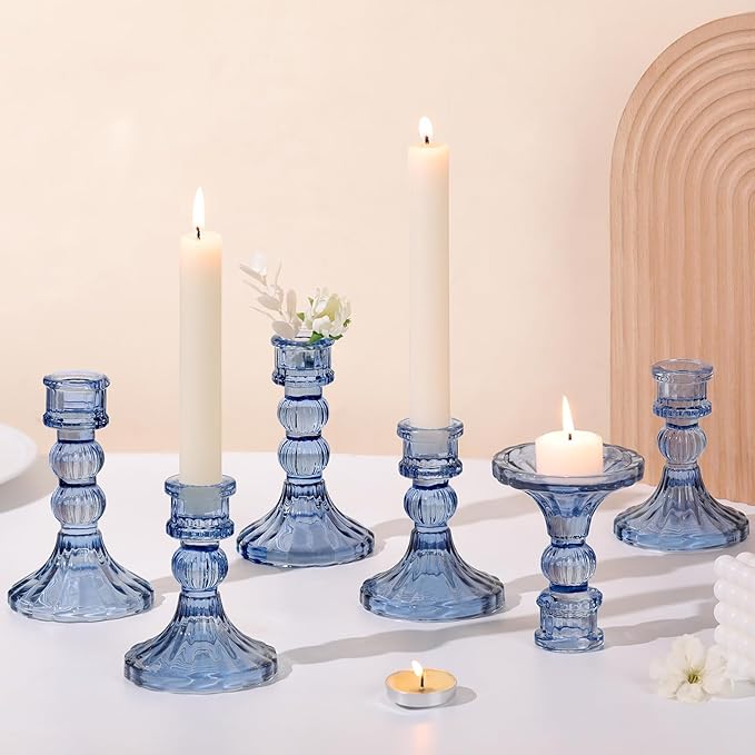 DARJEN 6Pcs Blue Candlestick Holders Set - 4" H & 5" H Striped Taper Candle Holders Bulk, Glass Candle Holders for Wedding, Festival, Party, Table Centerpiece, Gifts