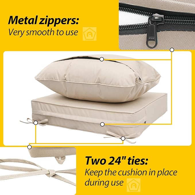 AAAAAcessories Outdoor Deep Seat Cushions, Waterproof, Fade-Resistant Patio Furniture Replacement Cushions, 23.5" x 25.5" x 5" + 23.5" x 19", Khaki Beige