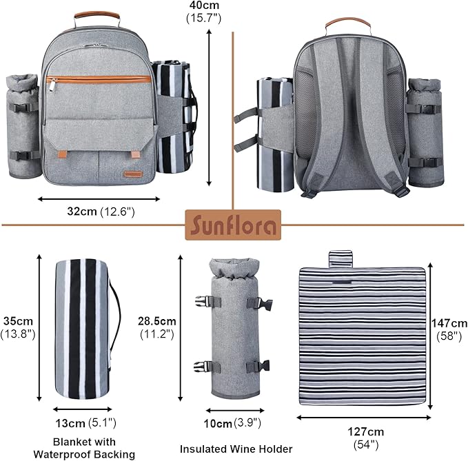 Sunflora Insulated Picnic Backpack for 2 Person Bag with Cooler Compartment, Wine Pouch, Blanket and Stainless Steel Cutlery Set for Couple, Lovers and Friends (Grey)