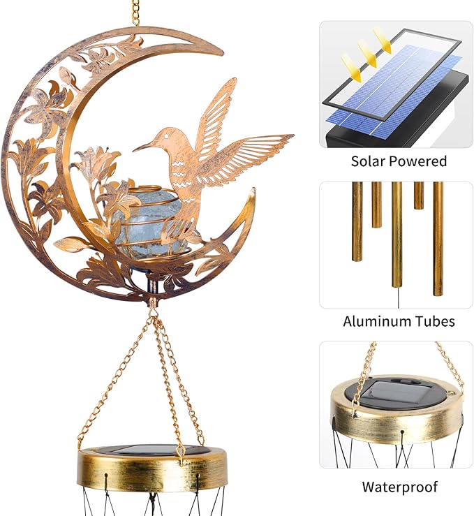 Hummningbird Solar Outdoor Wind Chimes - Unique Moon Hummingbird Design, for Mothers, Grandmothers, Sisters, Friends and Girls on Birthdays, Christmas, Thanksgiving and Mother's Day