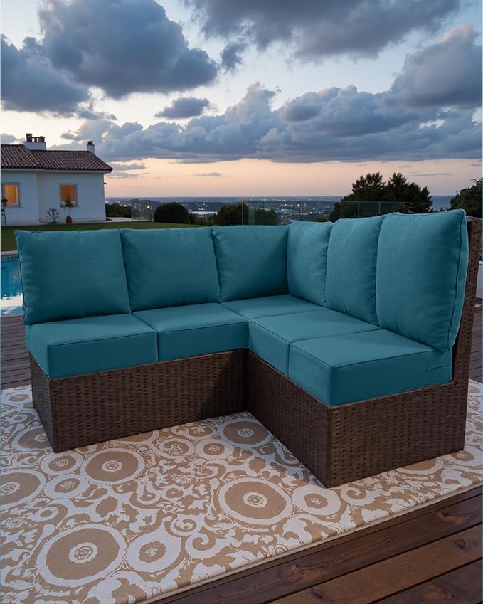 Luxury 24x24x6 Outdoor Cushions for 5-Seat Sectional Sofa Set of 5 - Water-Repellent 11-Piece Patio Cushion Set for Outside Rattan Wicker Loveseat Chair L-Shape Couch - Peacock Blue/Classic