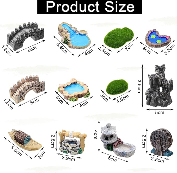 Jetec 12 Pcs Mini Fairy Garden Accessories Miniature Tiny Stone Bridge Mini Pond Mountain Moss Stones Water Well Waterwheel Figurines Resin Ornaments for DIY Craft, Lawn Pond Decor