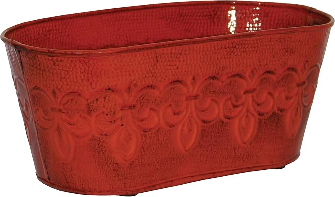 Headwind Ironlite Fleur De Lis Collection – 10" Cayenne Red Oval Decorative Planter with Drain Plug – Lightweight Metal Garden Pots for Indoor & Outdoor Planters Use by Robert Allen