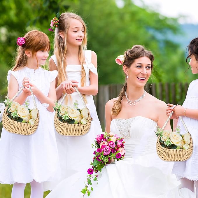 Taiyin 2 Pcs Rattan Flower Girl Basket with Pearl Handle Small Half Moon Wicker Basket for Wedding Flower Girl Picnic Garden Storage and Home Decor (Light Brown)
