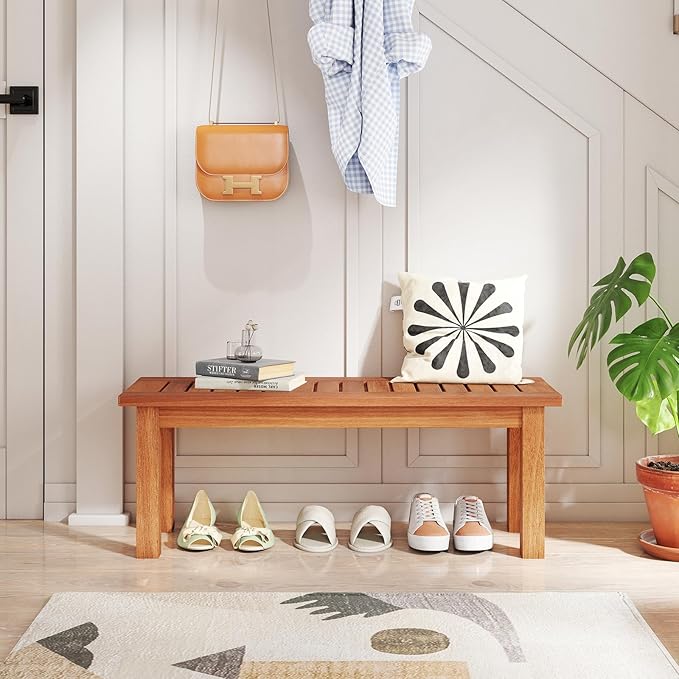 Plant Stand, Outdoor Wooden Planter Pot Holder with Teak Oil Finish & Slatted Top, Garden Planter Bench, Plant Display Rack for Porch, Backyard, Entryway (1, 34” x 12” x 13”)