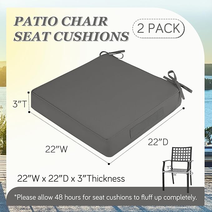 Waterproof Outdoor Chair Cushions Set of 2, Square Outdoor Seat Cushions with Ties and Removable Covers, 22 x 22 Outdoor Cushions for Patio Furniture with Portable Handle(Grey)