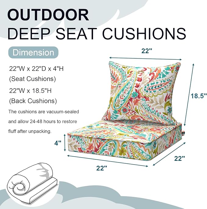Outdoor Deep Seat Cushion Set, Water Repellent 22"x22" Patio Thick Cushions Replacement with Seat & Back Pillow for Patio Sofa, Wicker Chair, Couch - Pretty Paisley