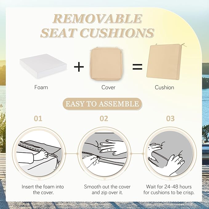 Waterproof Outdoor Chair Cushions Set of 2, Square Outdoor Seat Cushions with Ties and Removable Covers, 22 x 22 Outdoor Cushions for Patio Furniture with Portable Handle(Beige)
