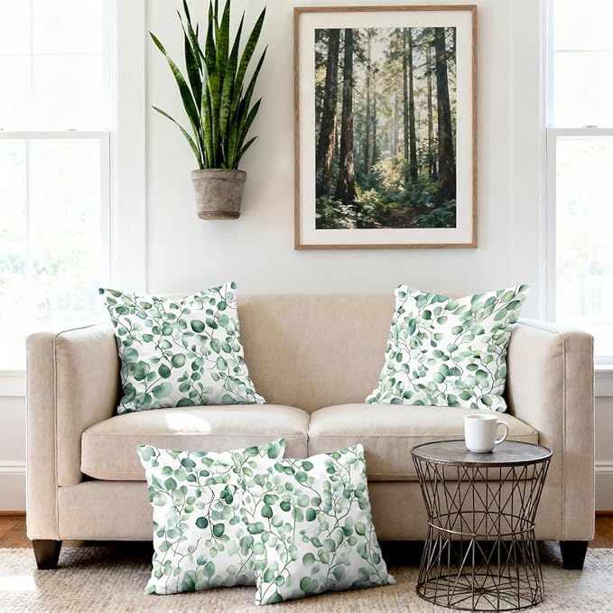 Watercolor Pillow Covers 18x18 inch Set of 4, Green Eucalyptus Leaf Botanical Wall Cushion Case Outdoor Sofa Throw Pillows Cover Garden Pillow Covers for Couch Living Room Bed Indoors Home Decor