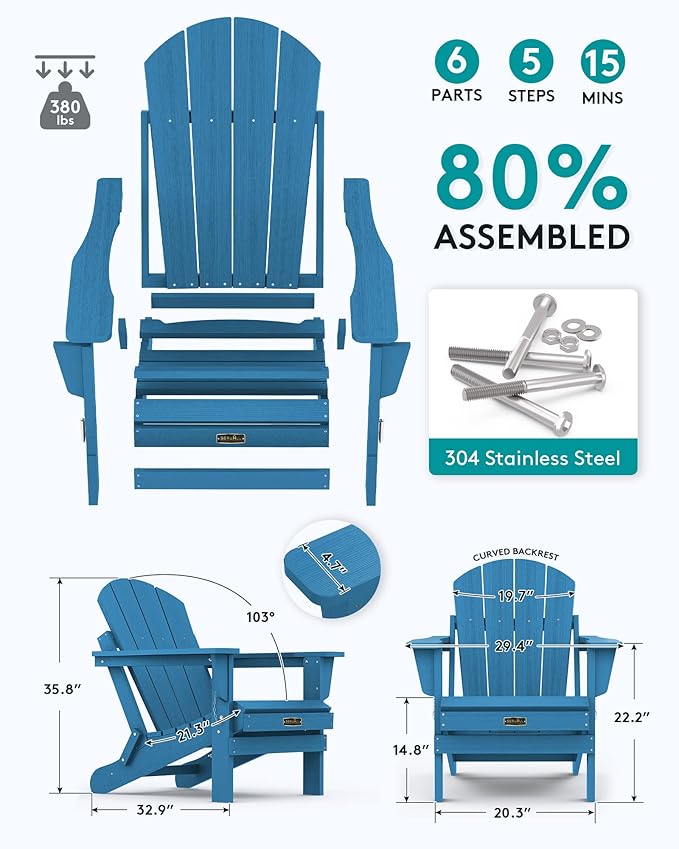 SERWALL Foldable Adirondack Chair Set of 2 for Patio Garden Outdoors Fire Pit Chairs-Navy Blue
