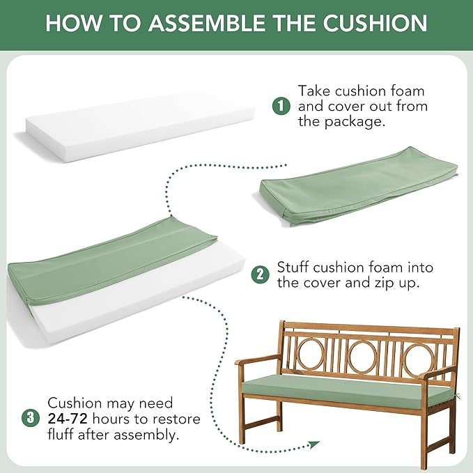 Outdoor Bench Cushion: Waterproof and Fade Resistant Patio Furniture Cushions - Non-Slip Bench Pad Cushion with Removable Cover for Garden Swing Porch Sofa Settee, 42 x 18 Inch, Sage Green