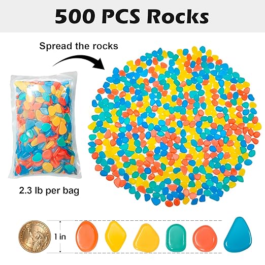 Glow in The Dark Rocks Outdoor, 500 pcs Multicolor Solar Rocks for Landscaping, Outdoor Decor Glow in The Dark Stones, Glowing Pebbles for Garden Backyard Patio Lawn Fish Tank Aquarium Decor