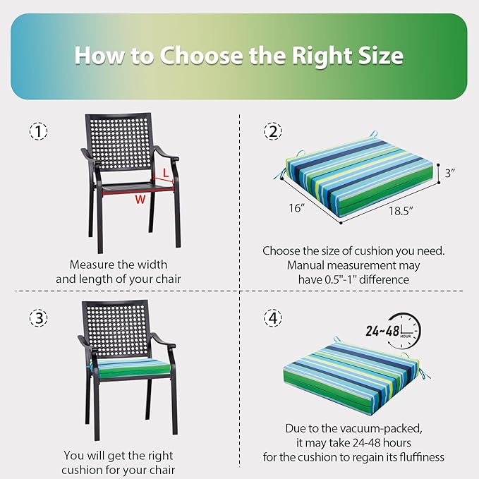 Outdoor Chair Cushions Set of 4, 18.5 x 16 Inch Patio Chair Cushions, Water Resistant, Non-Slip Ties (Blue & Green Pinstripe)