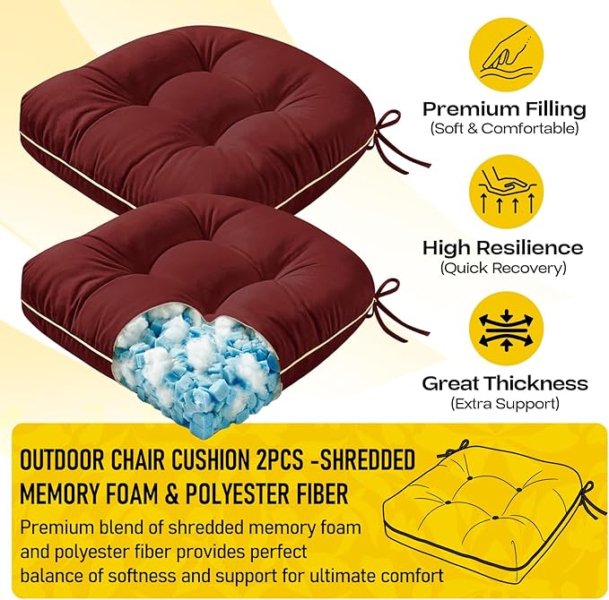 Outdoor Chair Cushions Set of 2, Outdoor Cushions for Patio Furniture and Wicker Chair, Memory Foam Patio Seat Cushion Pads with Ties, 19 x 19 Inch (Burgundy)