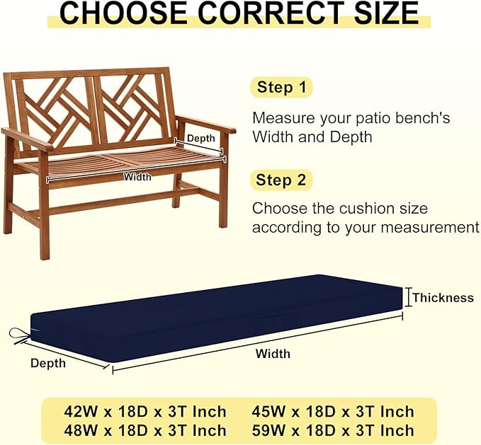 downluxe Outdoor Bench Cushion Waterproof, 42 x 18 Inch Patio Furniture Cushions with Adjustable Ties & Portable Handle, Porch Swing Cushions, Bench Cushions for Outdoor Furniture, Navy
