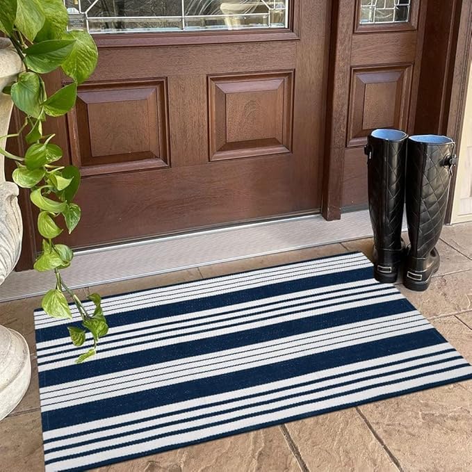OJIA Outdoor Entryway Rug 24''x51'', Machine Washable Front Door Mats Cotton Woven Blue and White Outdoor Rugs Porch Rug Striped Kitchen Runner Indoor Door Mat for Farmhouse/Entry/Home Entrance
