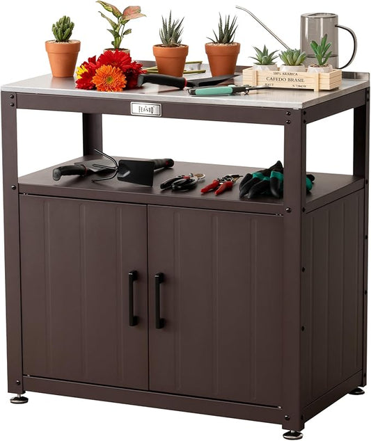 Garden Potting Bench with Storage, Outdoor Potting Table & Garden Work Bench for Plants, Horticulture, Outdoor Potting Station with Stainless Steel Tabletop, Outdoor Work Table