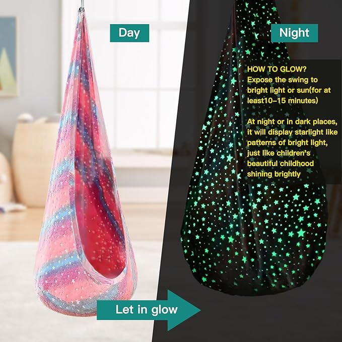 Kids Pod Swing Seat, Flannel Sensory Swing Chair Nightglow with PVC Inflatable Cushion, Hanging Hammock Chair for Indoor＆Outdoor Use