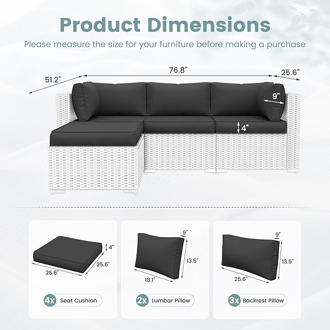 UDPATIO Outdoor Cushions for Patio Furniture, Waterproof Patio Furniture Cushions Replacement, 4" Deep Seat Outdoor Sectional Cushions for 4-seat Chair Sofa Couch, Black