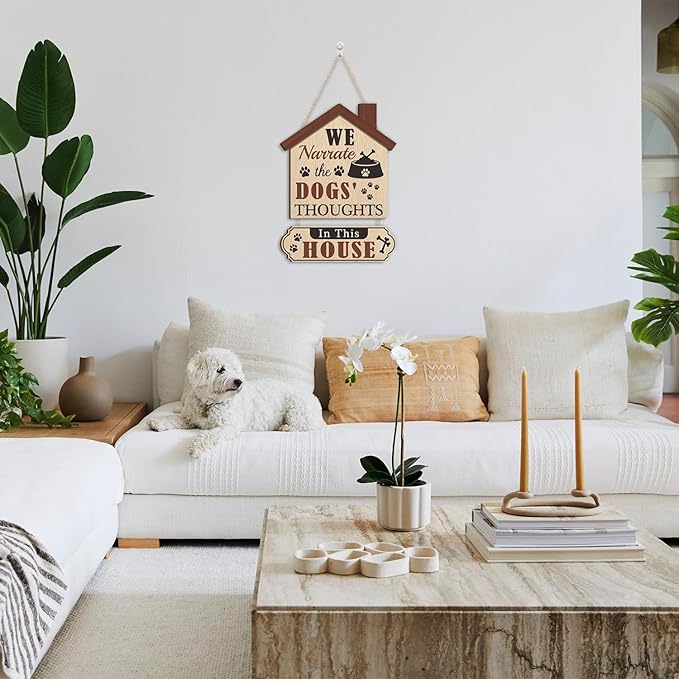 HLNIUC Funny Dog Door Sign,In This House We Narrate The Dogs’ Thought Wall Decor,Rustic Dog House Hanging Decoration for Front Door,Dogs Welcome People Tolerated Plaque for Pet Lovers Porch Decor