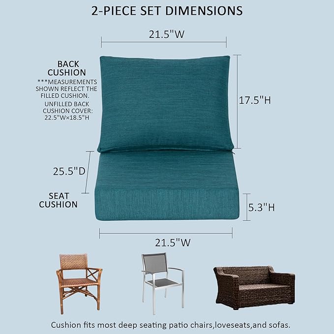 21.5x25.5 Inch Outdoor Deep Seat Cushions Set of 2,Thick High-Density Foam, Water-Resistant, Piped Edges & YKK Hidden Zipper for Patio Furniture,Malachite