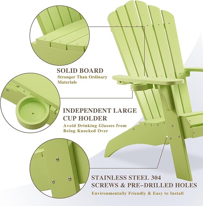 Psilvam Adirondack Chair, Oversized Poly Lumber Fire Pit Chair with Cup Holder, 350Lbs Support Patio Chairs for Garden, Weather Resistant Adirondack Chair Looks Like Real Wood (4, Green)