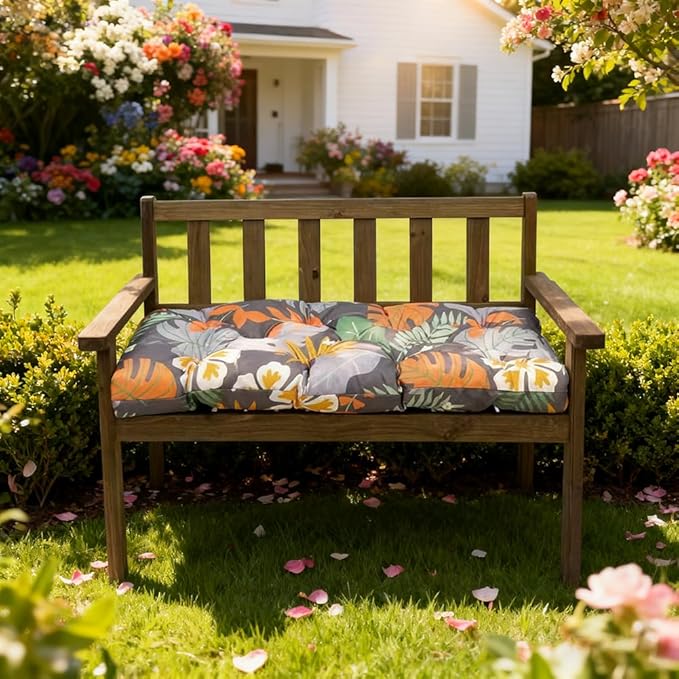 Outdoor Waterproof & Sun-Resistant Bench Cushion, 47.3"x19.7"x3.2" Tufted Patio Seat Pad with Non-Slip Ties,Long Chair Cushion for Garden,Porch,Swing,Indoor Furniture (Flower 1, 47.3×19.7×3.2)