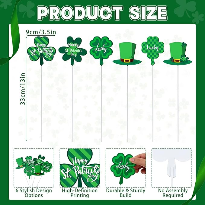 6 Pcs St. Patrick's Day Outdoor Decorations, Metal Shamrock Decorative Garden Stakes Yard Signs Perfect for Garden Lawns, Porches, Potted Plants and St. Patrick's Day Party Decor
