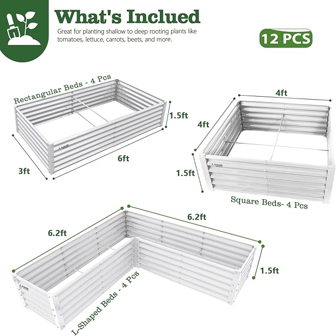 A ANLEOLIFE 12-Piece 18 Inch Tall Raised Garden Beds Kit, L-Shaped, Square & Rectangular Metal Planters for Flexible Backyard Layouts, Antique White